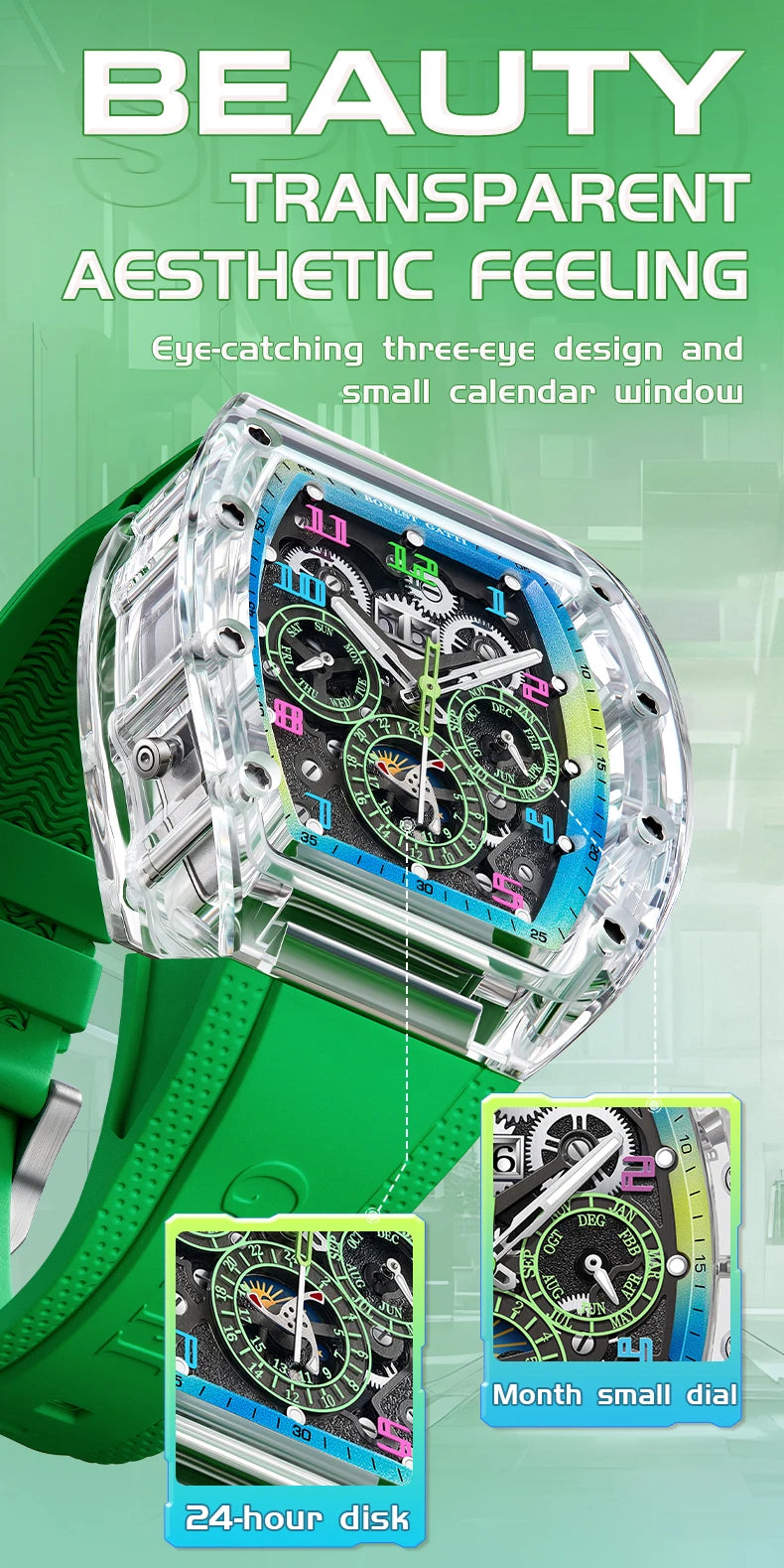 BONEST GATTI Automatic Watch Tonneau Mechanical Wristwatch K9 Crystal Case Rubber Strap Multi Dial Watches For Men