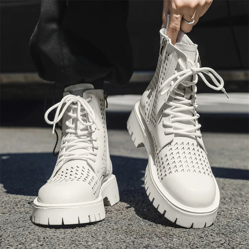 Non-Slip Men's High Top Casual Leather Shoes Street Style Motorcycle Boots New Stylish Ankle Boots Thick Bottom Walking Footwear