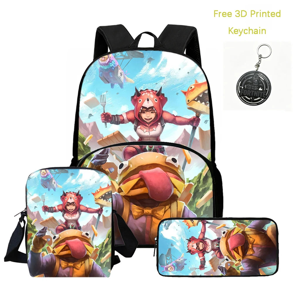 FORTNITE 3Pcs Lightweight Backpack With Front Pocket,Crossbody Bag&Pencil Case For Age 5-9 Boys Girls,Free 3D Printed Keychain.