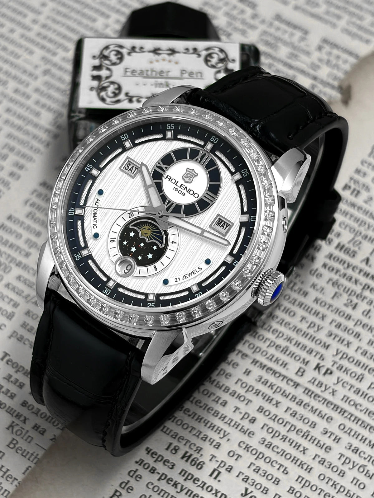 ROLENDO 1908 Men Automatic Mechanical Watch Diamond Luminous Leather Strap Waterproof Business Luxury Wristwatch For Male Gift