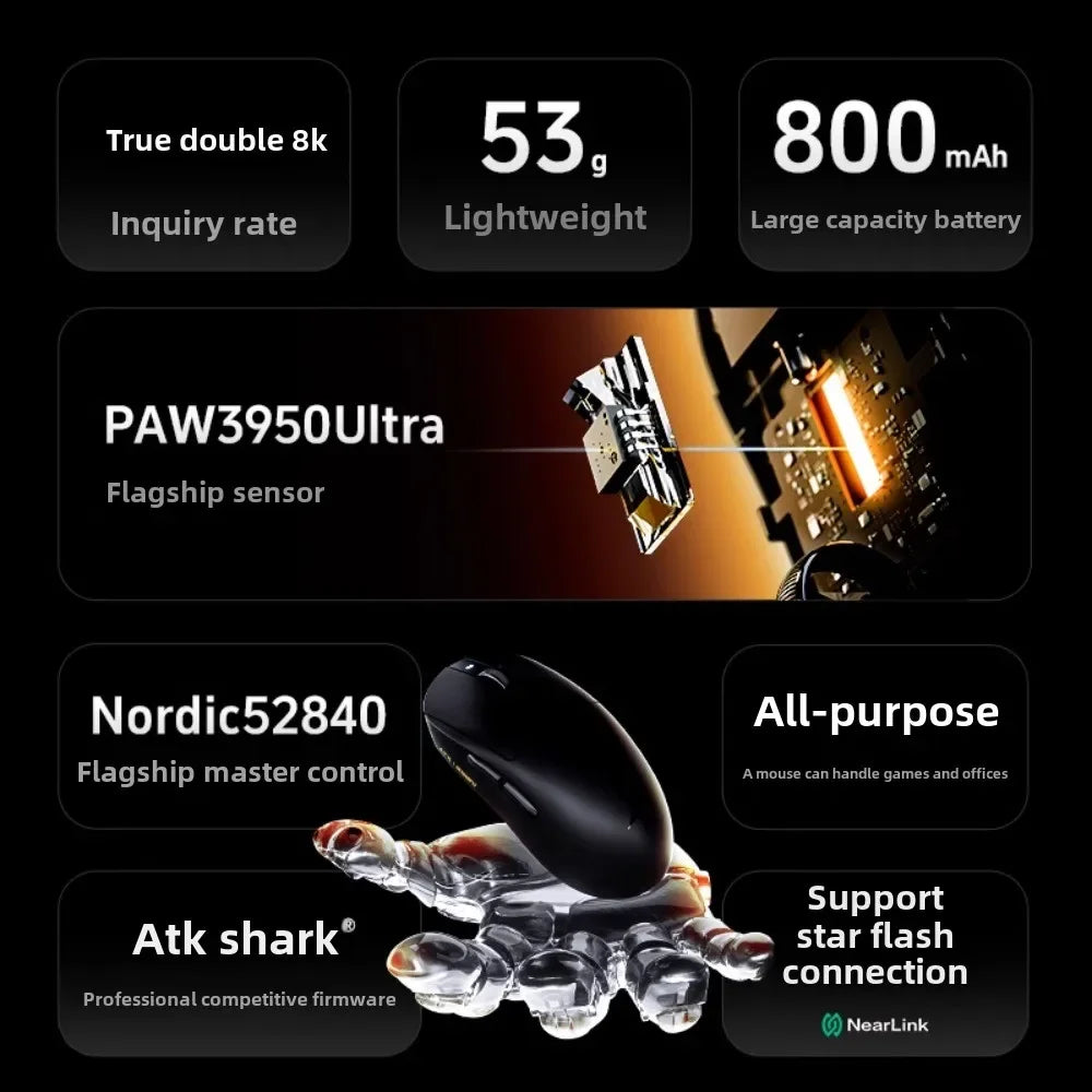 Bezprzewodowa mysz gamingowa Bluetooth ATK Dragonfly A9, ergonomiczna konstrukcja, szybka reakcja, PAW3950 Ultra, 800mAh, lekka, 8KHz, e-sportowa