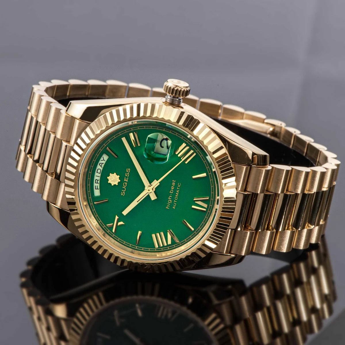 Sugess Watch Mens 40mm Date Day Automatic Dandong Peacock SL3034 Movement Retro Mechanical Wristwatch Sapphire Glass Golden New