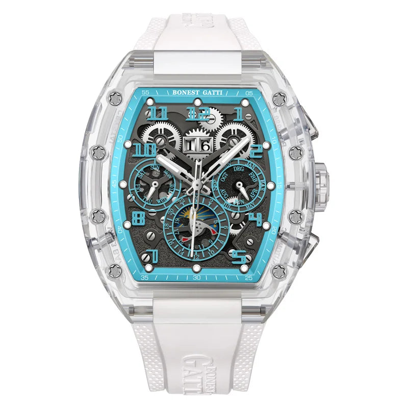 BONEST GATTI Automatic Watch Tonneau Mechanical Wristwatch K9 Crystal Case Rubber Strap Multi Dial Watches For Men