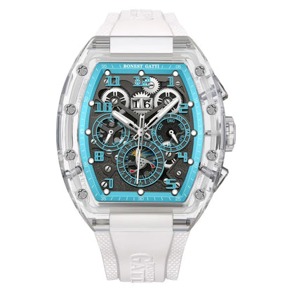 BONEST GATTI Automatic Watch Tonneau Mechanical Wristwatch K9 Crystal Case Rubber Strap Multi Dial Watches For Men