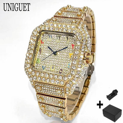 UNIGUET New Women Full Diamond Iced out Watch Fashion Square Rainbow Dial Hip Hop Bling Luxury Quartz Ladies Wristwatch Hot Sale