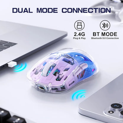 Rato Gaming Sem Fios Transparente A2, BT 5.0/2.4G para PC, Recarregável, RGB, com Ecrã Digital, PixArt 3212, 5 Níveis de DPI Ajustáveis