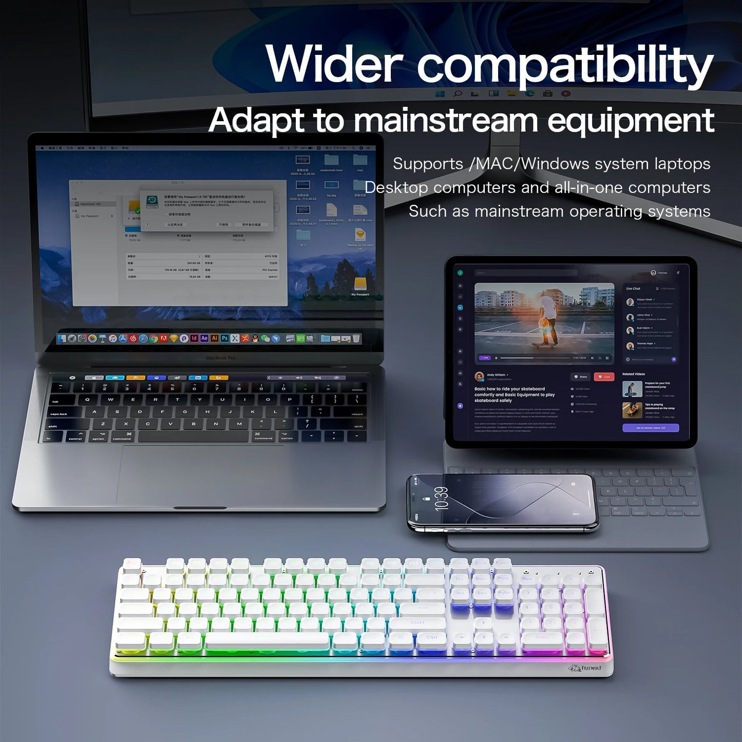 Freewolf M104 Tri-Mode Wireless Keyboard RGB 104 Keys Ultra Slim Quiet Membrane 4000mAh Large Battery for Office & Home