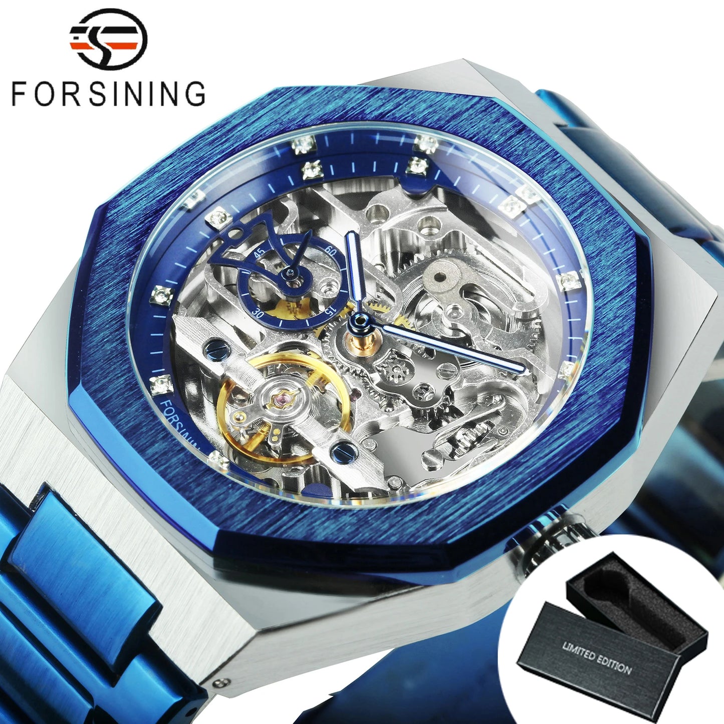 Forsining Tourbillon Skeleton Mechanical Watch for Men Luminous Hands Stainless Steel Strap Fashion Business Automatic Watches