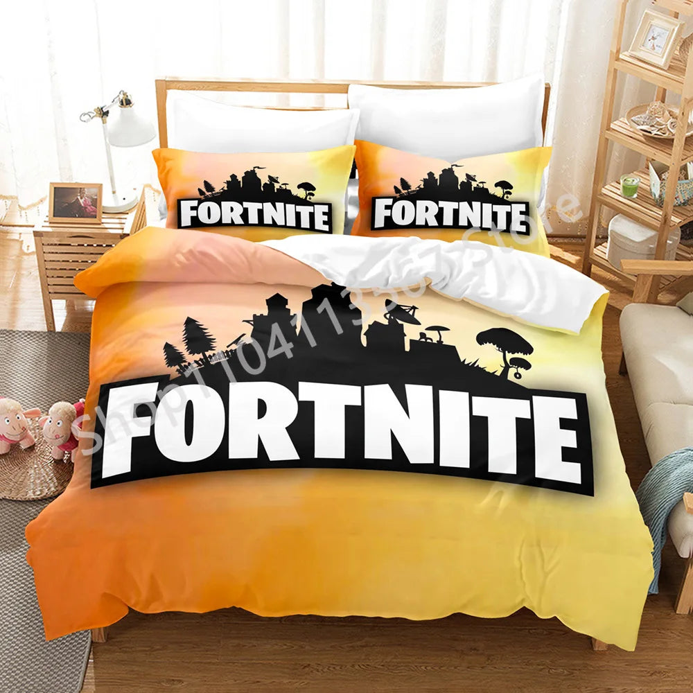 Conjunto de Cama Battle Royale F-Fortnite 3 Peças para Crianças, Capa de Edredão, Colcha e Fronha, Tamanho Duplo, Decoração de Quarto Victory Game