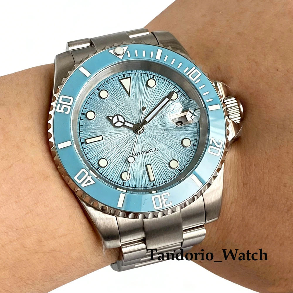 Tandorio 20ATM 40mm Men's Automatic Diver Watch For Miyota 8215 Asia 2824 Sapphire Glass Ice Blue Stainless Steel Jubilee Watch