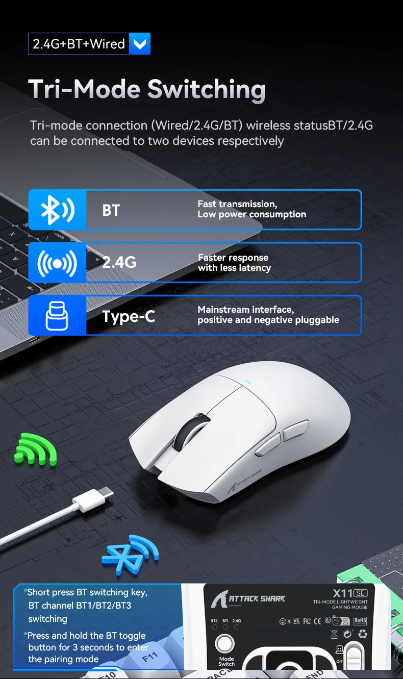 Безжична геймърска мишка ATTACK SHARK X11SE, Tri-Mode, суперлека 63g със сензор PAW3311, 22000 DPI, батерия 300mAh, двоен драйвер