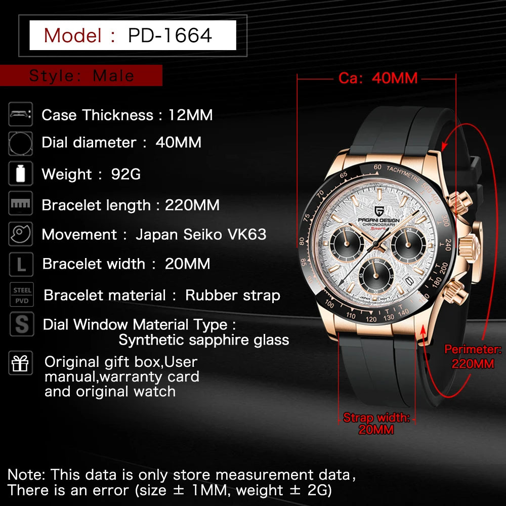 PAGANI DESIGN 2026 NEW 1664 Meteorite Dial Men's Watches Luxury Sapphire Quartz watch for men Sport Chronograph men Reloj Hombre