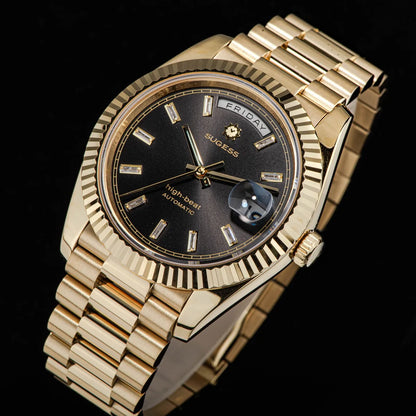 Sugess Watch Mens 40mm Date Day Automatic Dandong Peacock SL3034 Movement Retro Mechanical Wristwatch Sapphire Glass Golden New
