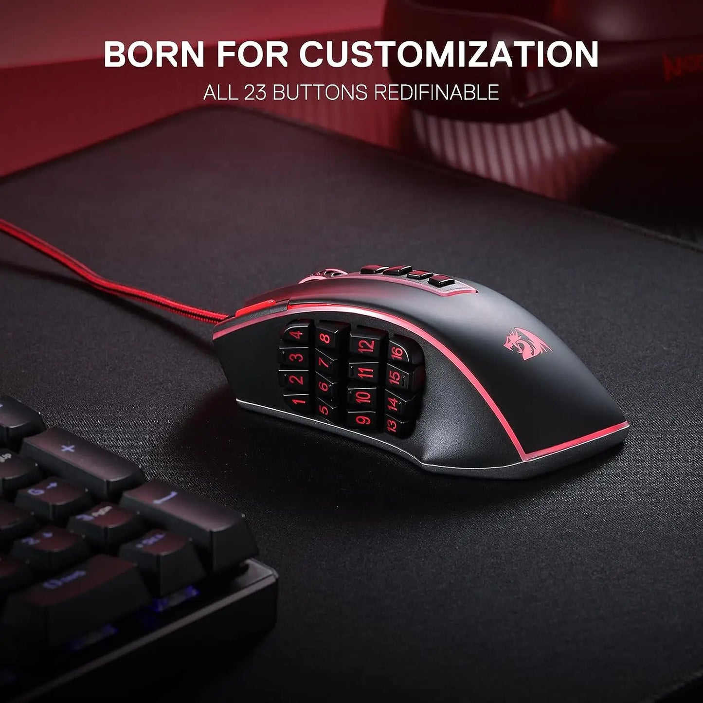 Rato Gaming MMO Redragon M990, 32000 DPI, rato gamer RGB com fios de alta precisão c/23 botões programáveis, 16 teclas macro laterais