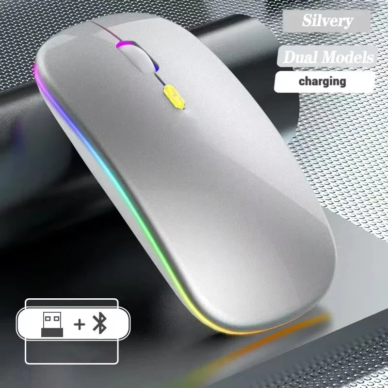 Rato sem fios recarregável de modo duplo, compatível com Bluetooth, 2.4G USB, para computador portátil, iPad, tablet e notebook, rato gaming