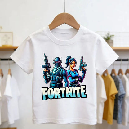 T-shirt infantil branco de algodão com estampado cartoon do tema Fortnite, manga curta, verão, jogo popular