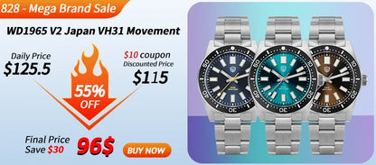 Watchdives WD0006 Watch VH31 Sweep Second Movement Domed Sapphire Crystal BGW9 Luminous 10Bar Waterproof 38mm Vintage Watches