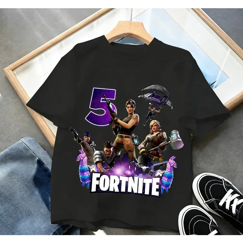 T-shirt de aniversário infantil Fortnites com número para menina e menino, roupa de verão em algodão para bebé, top de manga curta para festa, presente para criança pequena