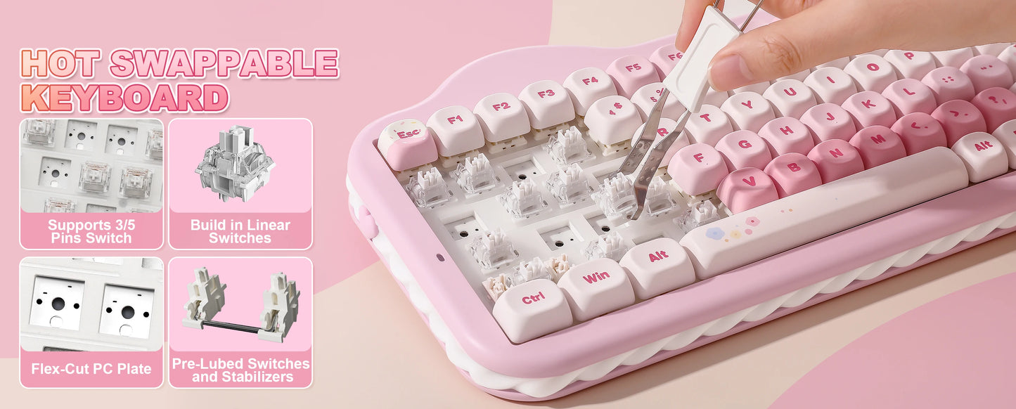 Teclado mecânico sem fios YUNZII C75, 75% cremoso com Hot Swap e RGB personalizável, design Gasket Cute Cake, para Win/Mac/Gaming