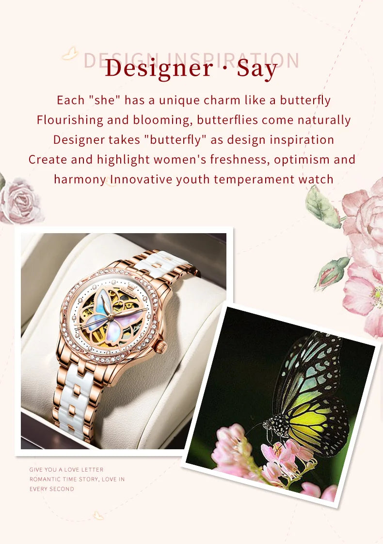 OLEVS 6615 Top Original Automatic Mechanical Wrist Watch for Women Luxury Elegant Diamond Hollow Colorful Butterfly Ladies Watch