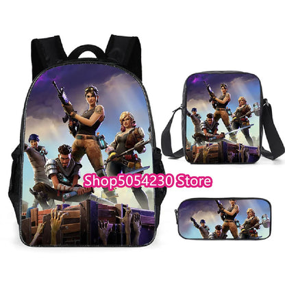 Conjunto de Mochila Fortnited 3PCS para Adolescentes e Estudantes, Saco de Viagem Fortress Night, Mochila Escolar 3D de Jogos Populares