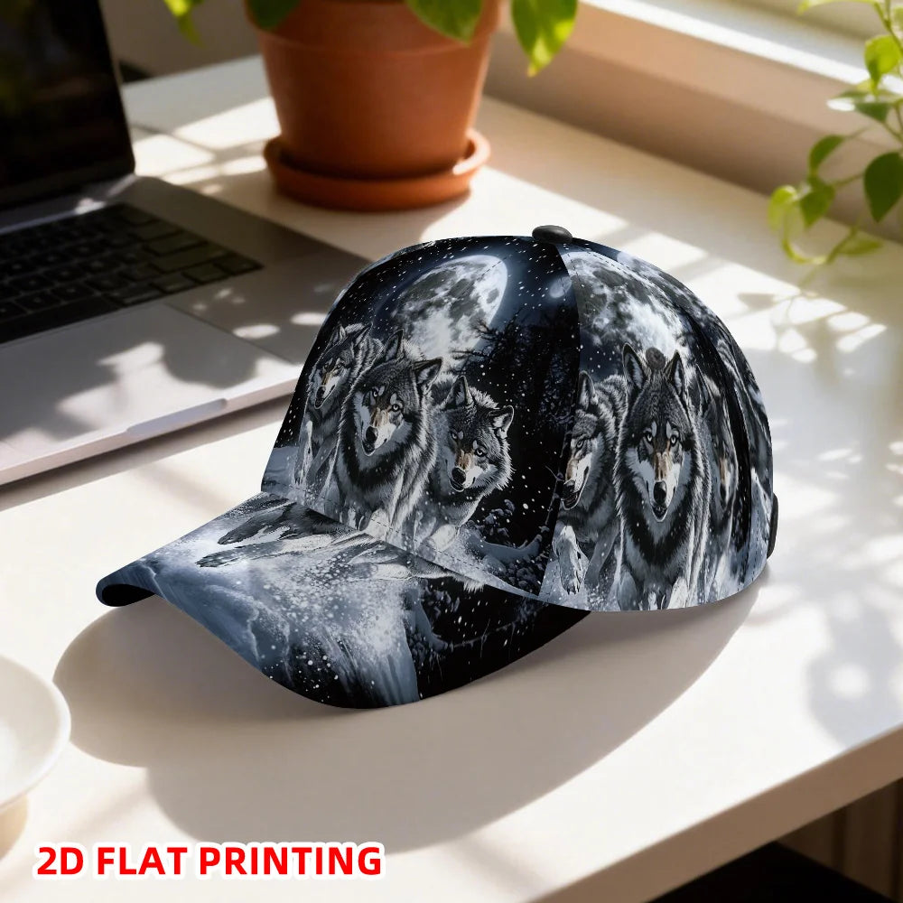 Classic Baseball Cap Featuring a 2D Flat Print of Wolves Under a Full Moon a Lightweight Adjustable Duckbill Hat