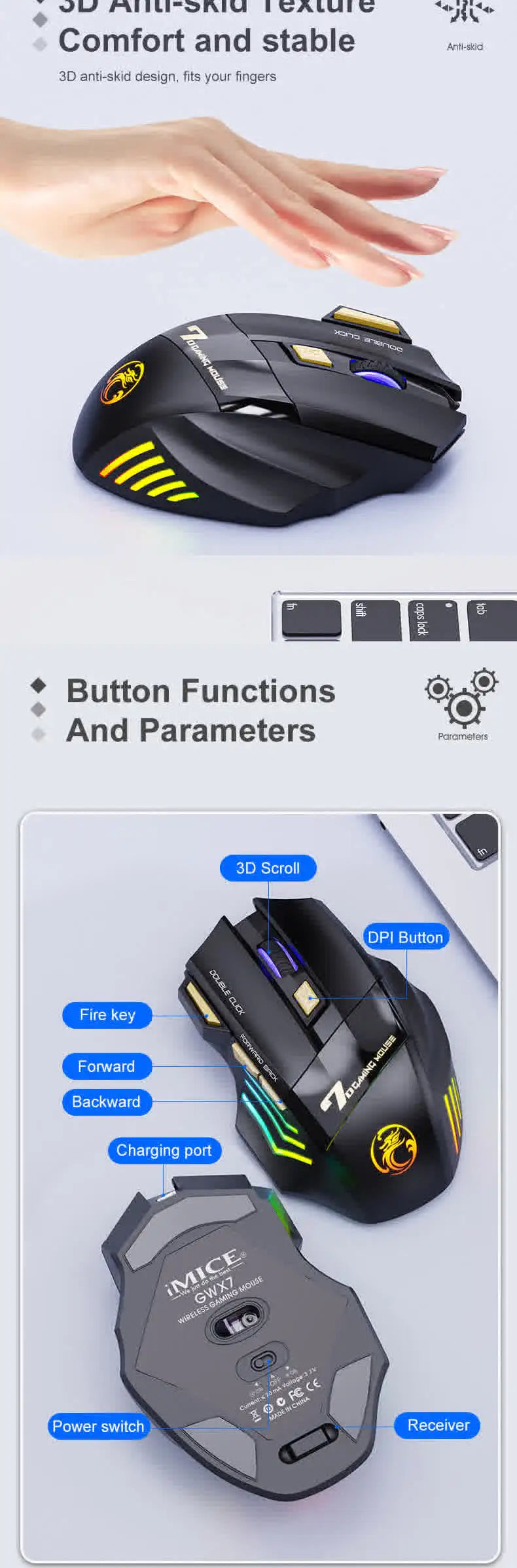 Rato Sem Fios Bluetooth Recarregável para Computador, Rato Gamer Ergonómico com Retroiluminação RGB, Silencioso, para PC