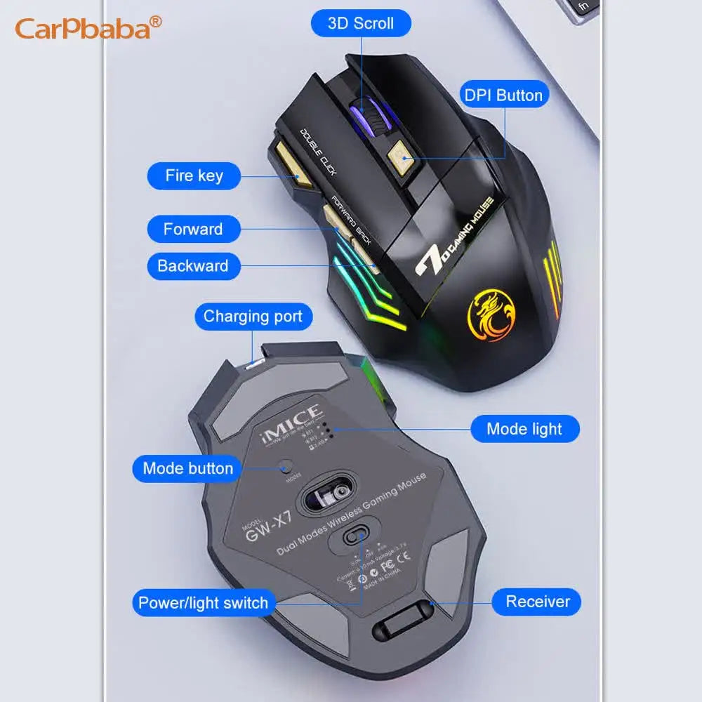 Rato Sem Fios Bluetooth Recarregável para Computador, Rato Gamer Ergonómico com Retroiluminação RGB, Silencioso, para PC