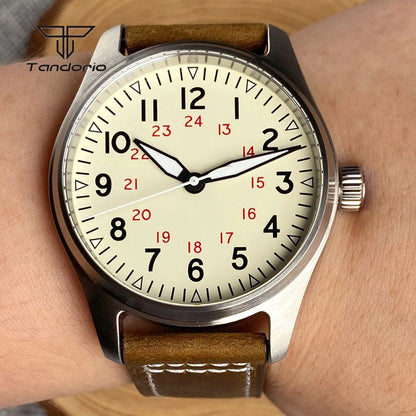 Tandorio 39mm Pilot Men's Diving Automatic Watch AR Sapphire Miyota8215/PT5000 Movt Mechanical Steel Wristwatch 20BAR Green Lume