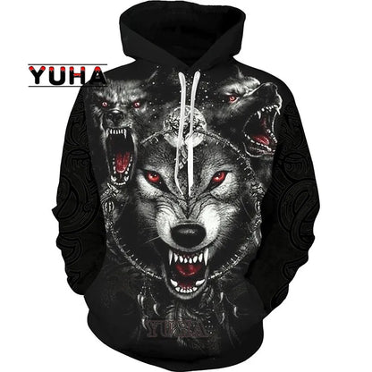 Sweatshirt com Capuz Unissexo Wolf com Impressão 3D, Pullover Cool com Gráfico Animal, Streetwear Masculino