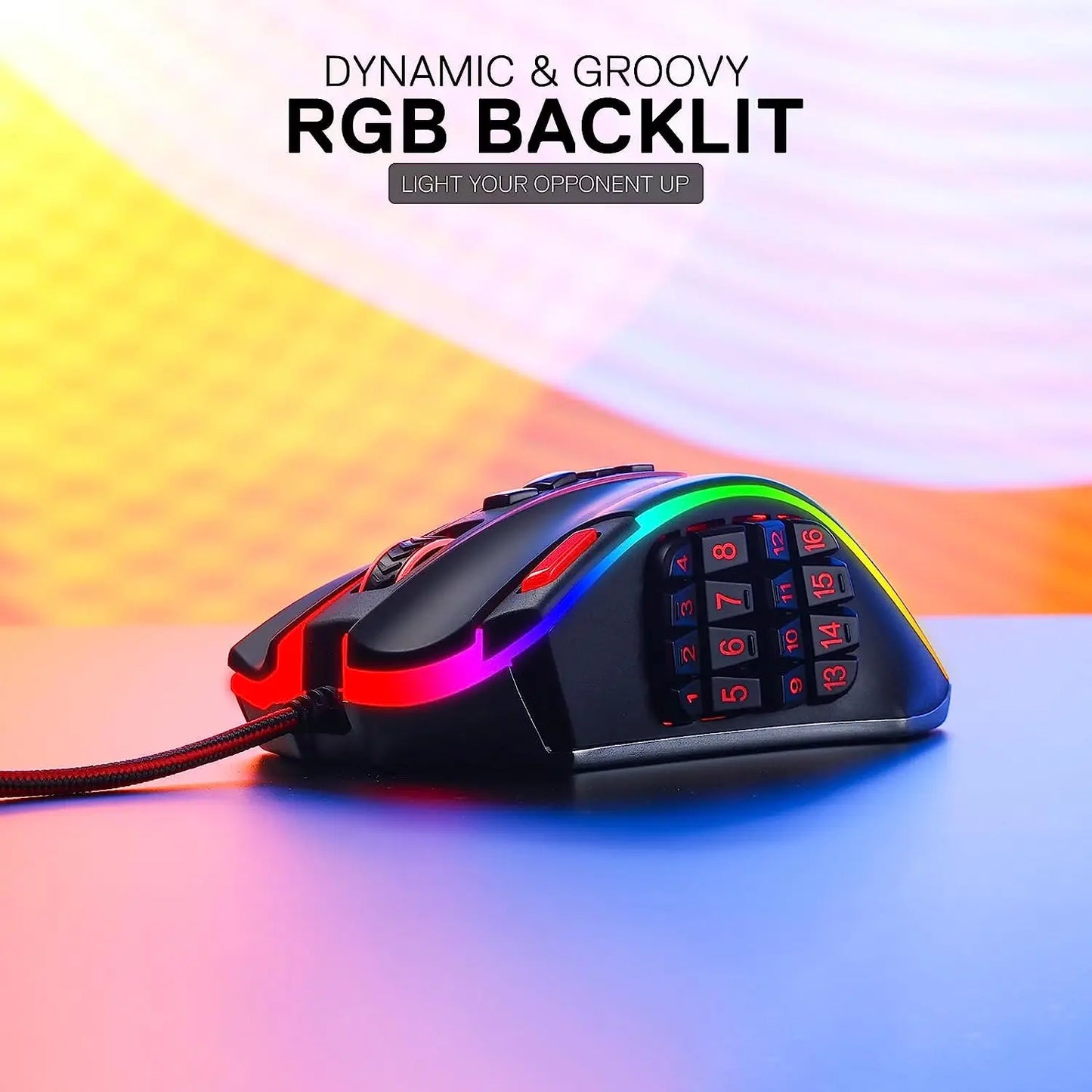 Rato Gaming MMO Redragon M990, 32000 DPI, rato gamer RGB com fios de alta precisão c/23 botões programáveis, 16 teclas macro laterais