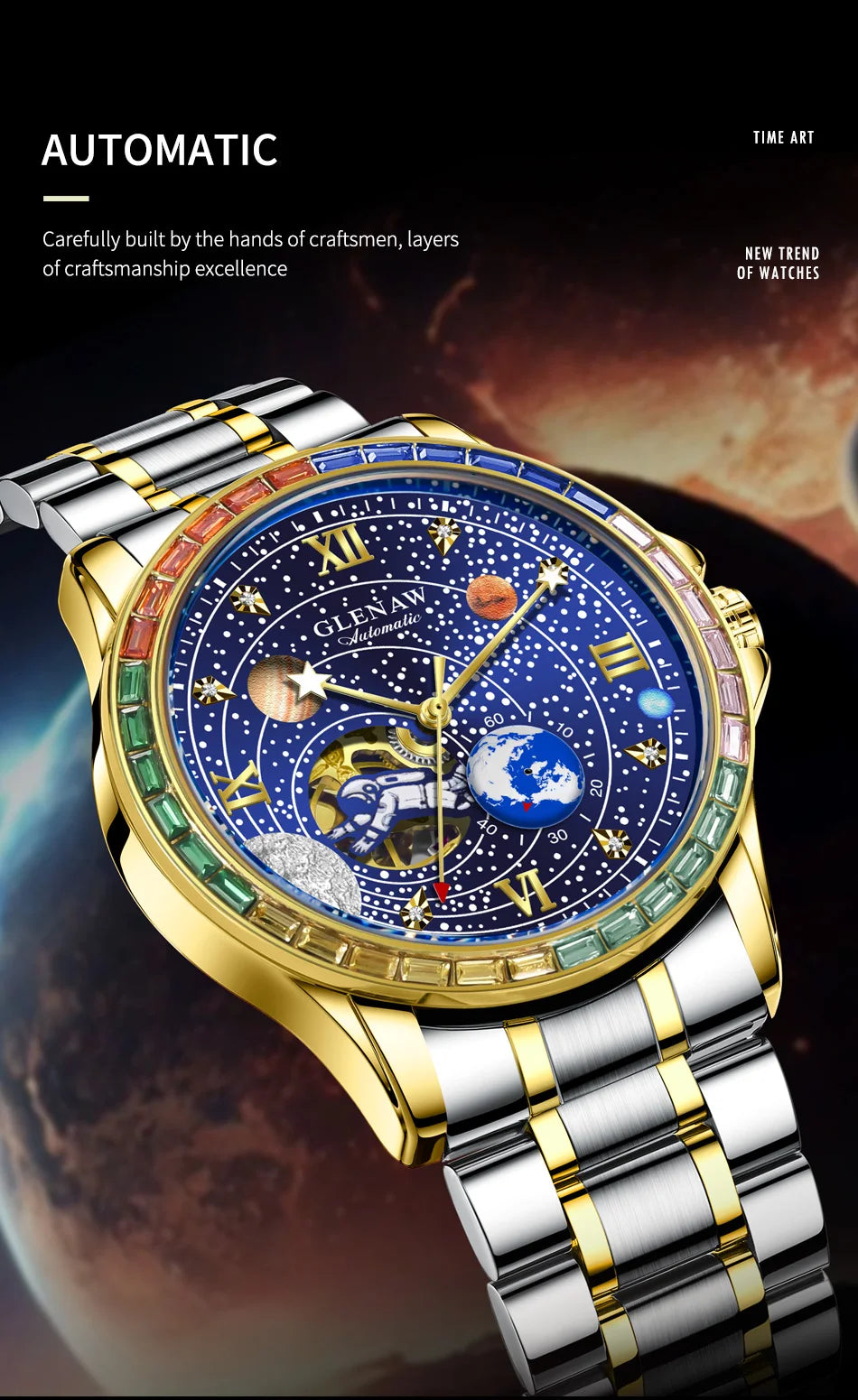 GLENAW New Rotating Earth Mechanical Watch Men Space astronaut dial Night Light Waterproof Stainless Steel Strap Automatic Watch