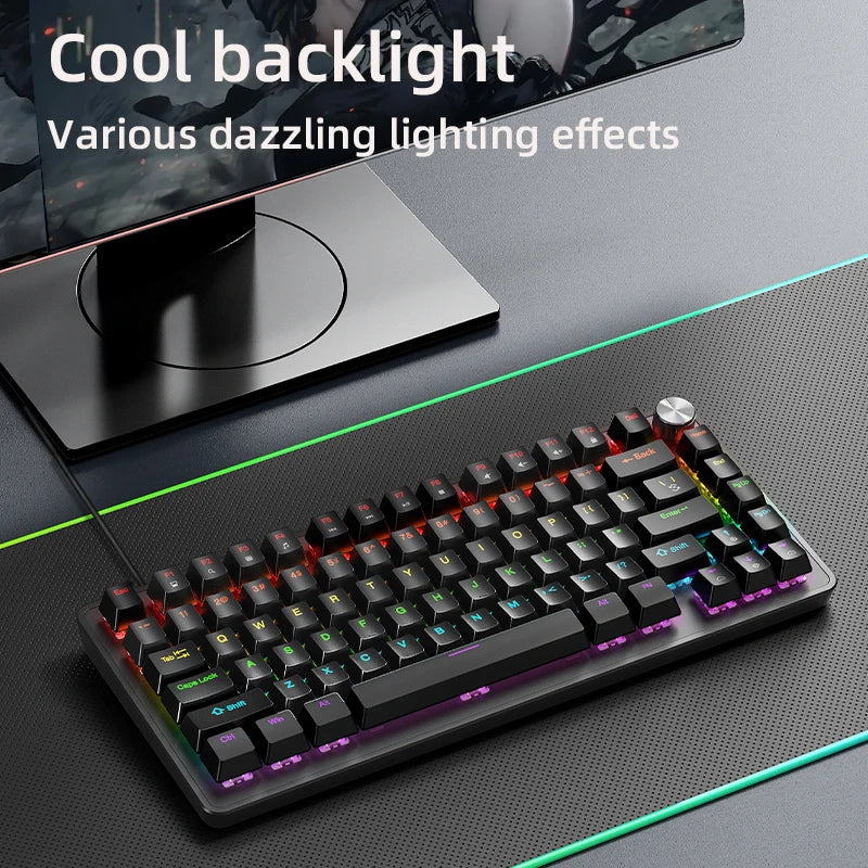75% Mechanical Keyboard Wired with Media Knob, APAYADO Black Gaming Keyboard, Hot-Swap, ABS Cap Transparent Character Backlighting