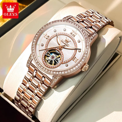 OLEVS Brand Fashion Women Mechanical Watches Starry Sky Dial Diamond Automatic Wristwatch Ladies Waterproof Luminous Clock Women