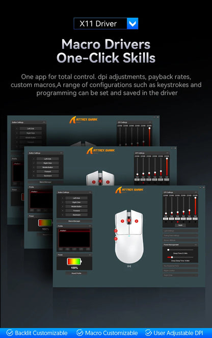 ATTACK SHARK X11 Tri-Mode leichte Gaming-Maus mit PAW3311, 22000DPI, 400IPS, 40G, 59g, magnetischem Schnellladen, RGB-Hintergrundbeleuchtung