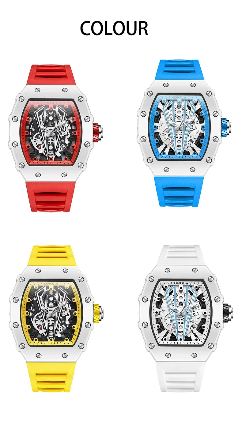 Gift Box Watches for Man ONOLA 3826W Trend White Men Watch Tonneau Calendar Waterproof Silicone Strap Relogios Masculino
