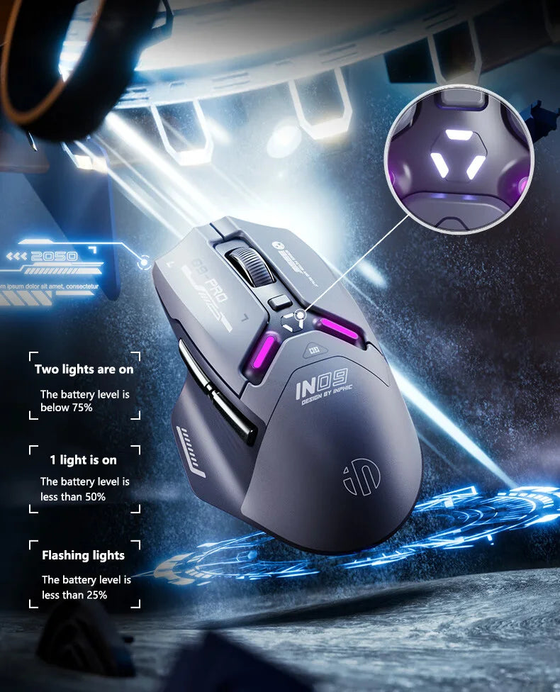 Mouse da gaming wireless Inphic IN9PRO 26000DPI 8K Polling Rate Bluetooth 5.0 cablato 2.4G tri-mode RGB ergonomico