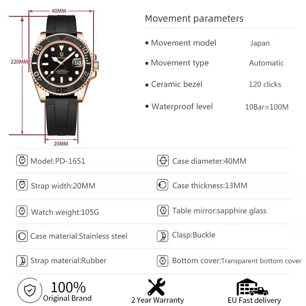 PAGANI DESIGN Sports Men Mechanical Wristwatch Sapphire Luxury Automatic Watch for Men Stainless Steel Waterproof Clock