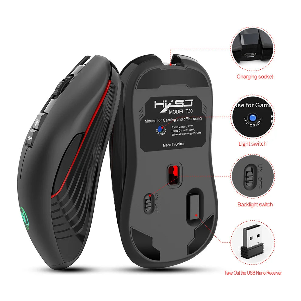 Rato gaming sem fios 2.4G USB-C recarregável 3600DPI, 7 botões, Type-C, silencioso, para MacBook, portátil, PC e computador