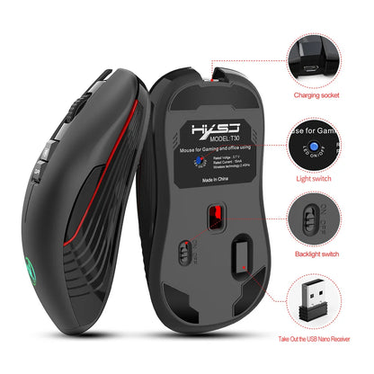 Rato gaming sem fios 2.4G USB-C recarregável 3600DPI, 7 botões, Type-C, silencioso, para MacBook, portátil, PC e computador