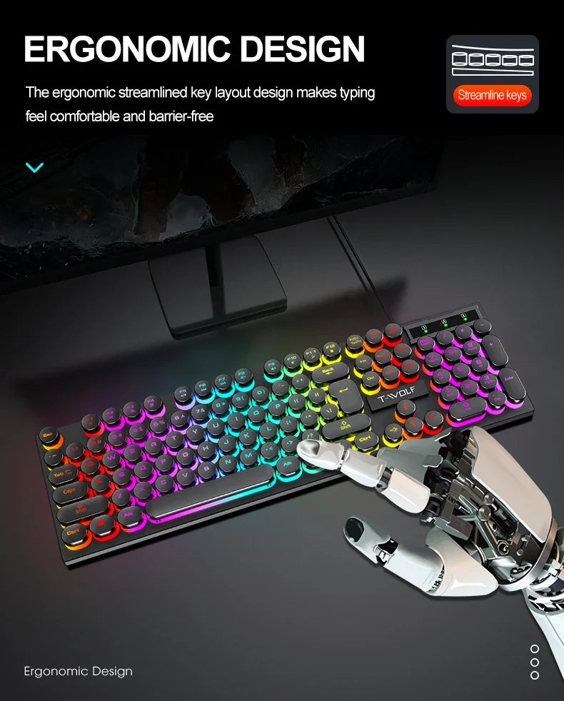 T80 Gaming Mechanical Feel Keyboard Wired 104 Keys Keyboard USB Retro Punk Game Office Suspended Keycap Cool RGB Lighting Effect