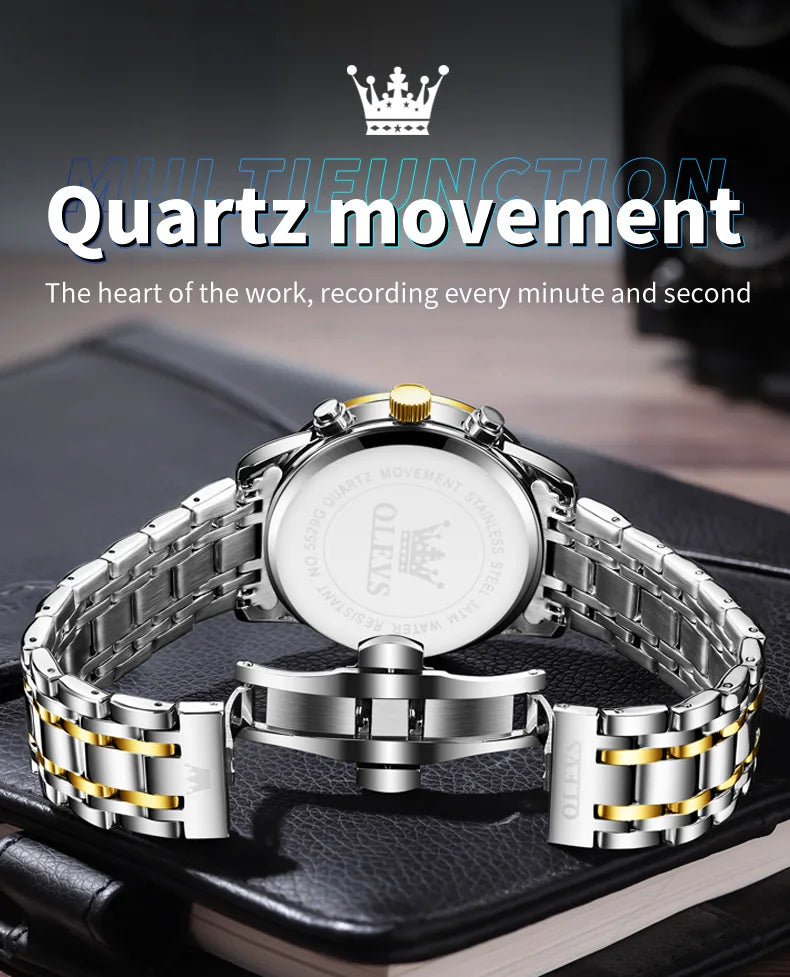Relógio de Homem OLEVS 5529 de Marca Top Luxury, Impermeável, Luminoso, em Aço Inoxidável, com Fase Lunar e Código de Temporização, Novo Relógio de Quartzo para Homem