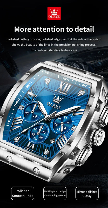 OLEVS New Design Tonneau Watch Men Luminous Waterproof Date Stainless Steel Chronograph Quartz Watches for Men Relogio Masculino