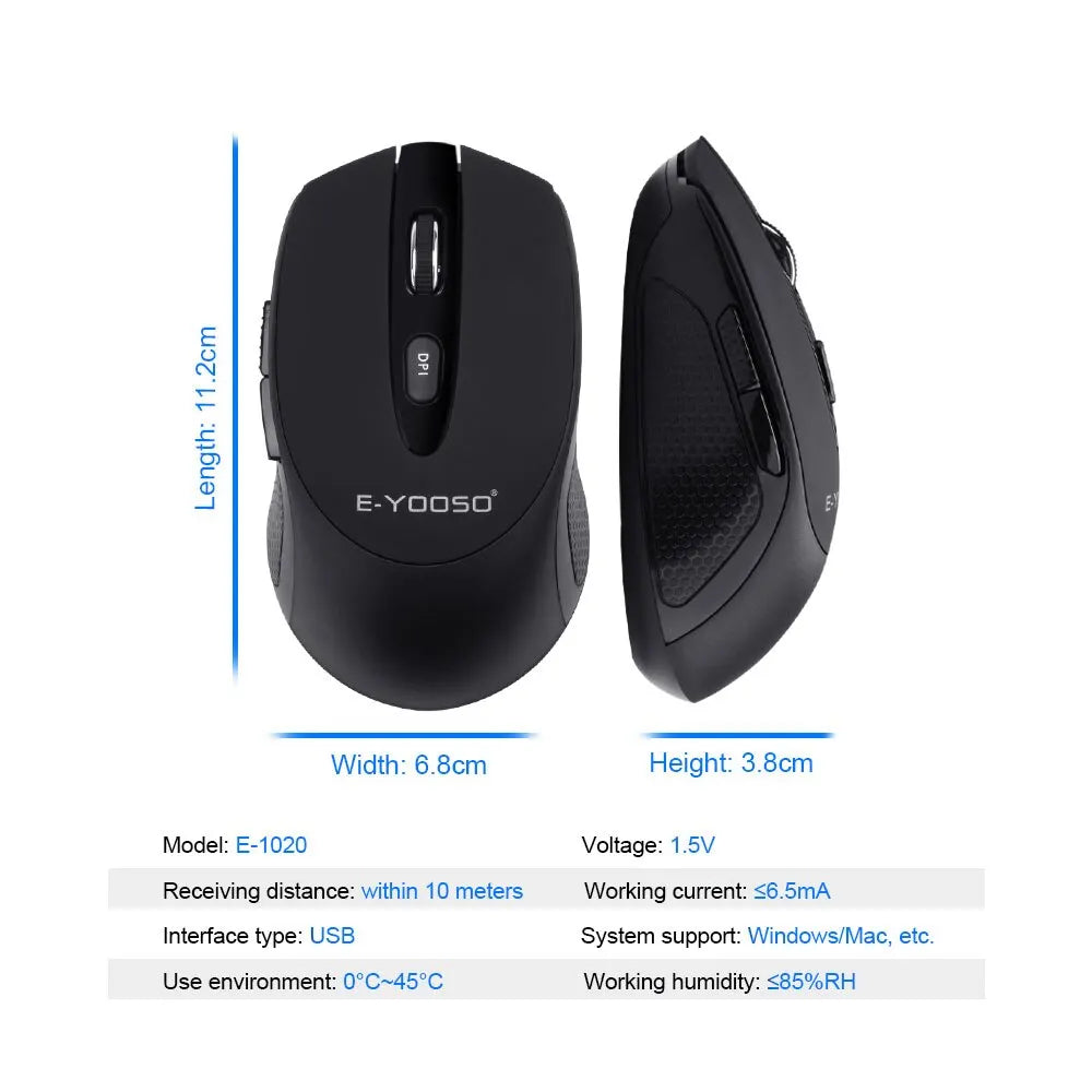 E-YOOSO E-1020 Wireless Gaming Mouse 2400 DPI Silent Click Ergonomic USB Mouse for Laptop PC Computer, 2.4G Wireless Optical Mouse