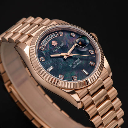 Sugess 36mm Mens of Watch Automatic Dandong Peacock SL3034 Day Movement Sapphire Glass 100m Waterproof Wristwatches MOP Date New
