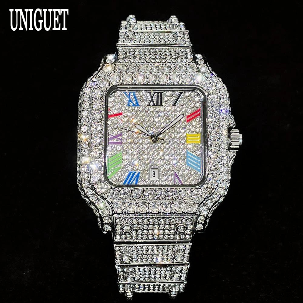 UNIGUET Big Diamond Watch Men Luxury Colored Roman Literal Watch Man Hip Hop Jewelry Bling Bling Square Wristwatch Dropshipping