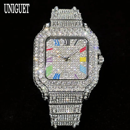 UNIGUET Big Diamond Watch Men Luxury Colored Roman Literal Watch Man Hip Hop Jewelry Bling Bling Square Wristwatch Dropshipping
