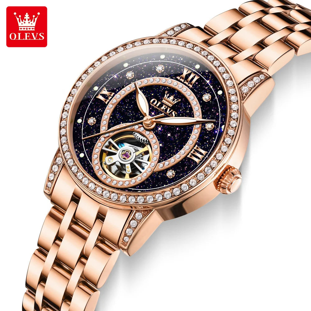 OLEVS Brand Fashion Women Mechanical Watches Starry Sky Dial Diamond Automatic Wristwatch Ladies Waterproof Luminous Clock Women