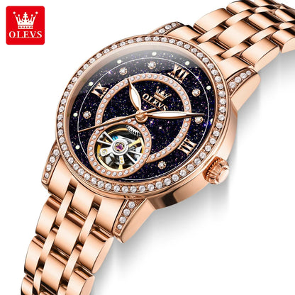 OLEVS Brand Fashion Women Mechanical Watches Starry Sky Dial Diamond Automatic Wristwatch Ladies Waterproof Luminous Clock Women