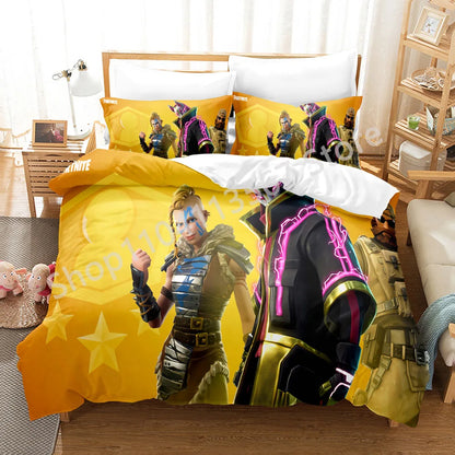Conjunto de Cama Battle Royale F-Fortnite 3 Peças para Crianças, Capa de Edredão, Colcha e Fronha, Tamanho Duplo, Decoração de Quarto Victory Game
